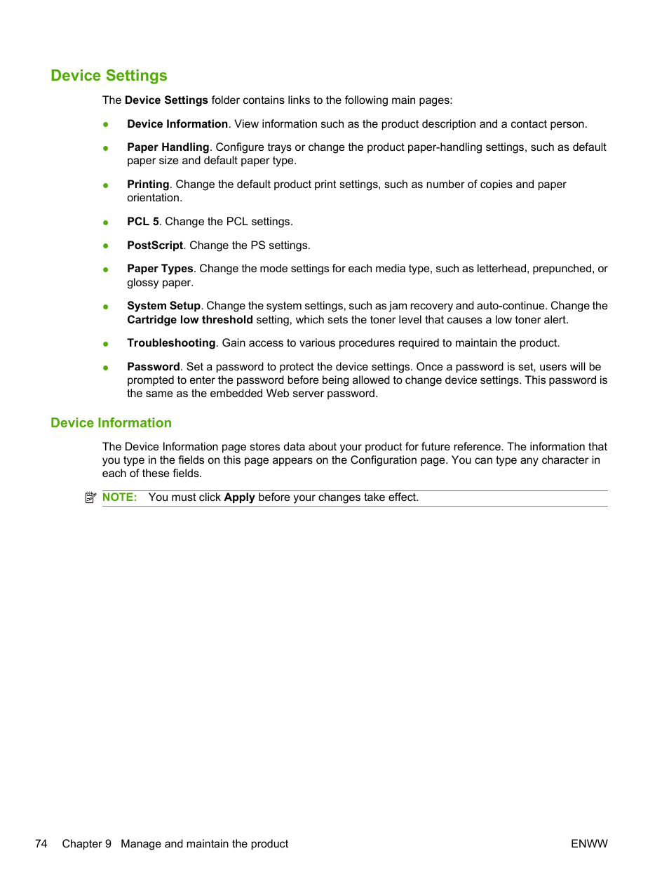 Device settings, Device information | HP LaserJet P2055dn User Manual | Page 86 / 176