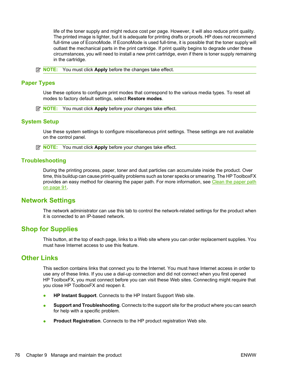 Paper types, System setup, Troubleshooting | Network settings, Shop for supplies, Other links, Paper types system setup troubleshooting, Network settings shop for supplies other links | HP LaserJet P2055dn User Manual | Page 88 / 176