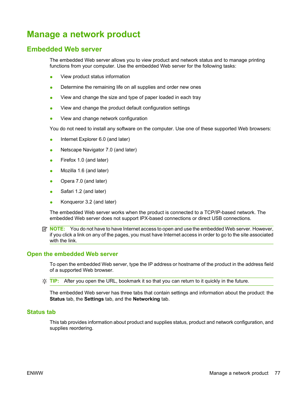Manage a network product, Embedded web server, Open the embedded web server | Status tab, Open the embedded web server status tab | HP LaserJet P2055dn User Manual | Page 89 / 176