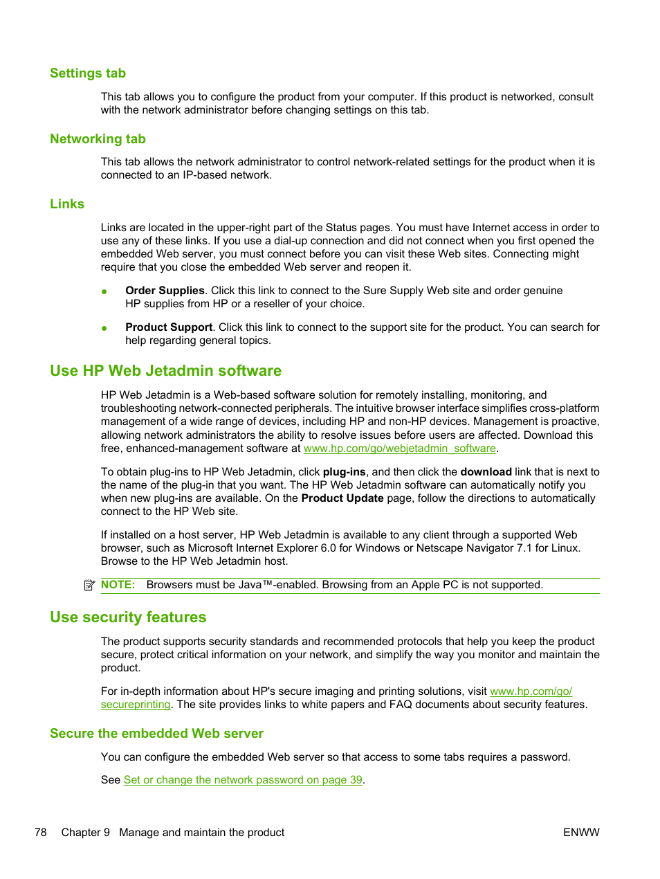 Settings tab, Networking tab, Links | Use hp web jetadmin software, Use security features, Secure the embedded web server, Settings tab networking tab links, Use hp web jetadmin software use security features | HP LaserJet P2055dn User Manual | Page 90 / 176