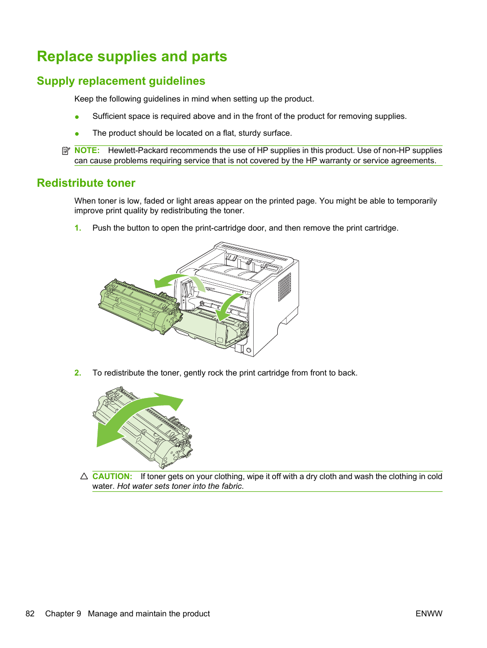 Replace supplies and parts, Supply replacement guidelines, Redistribute toner | Supply replacement guidelines redistribute toner | HP LaserJet P2055dn User Manual | Page 94 / 176