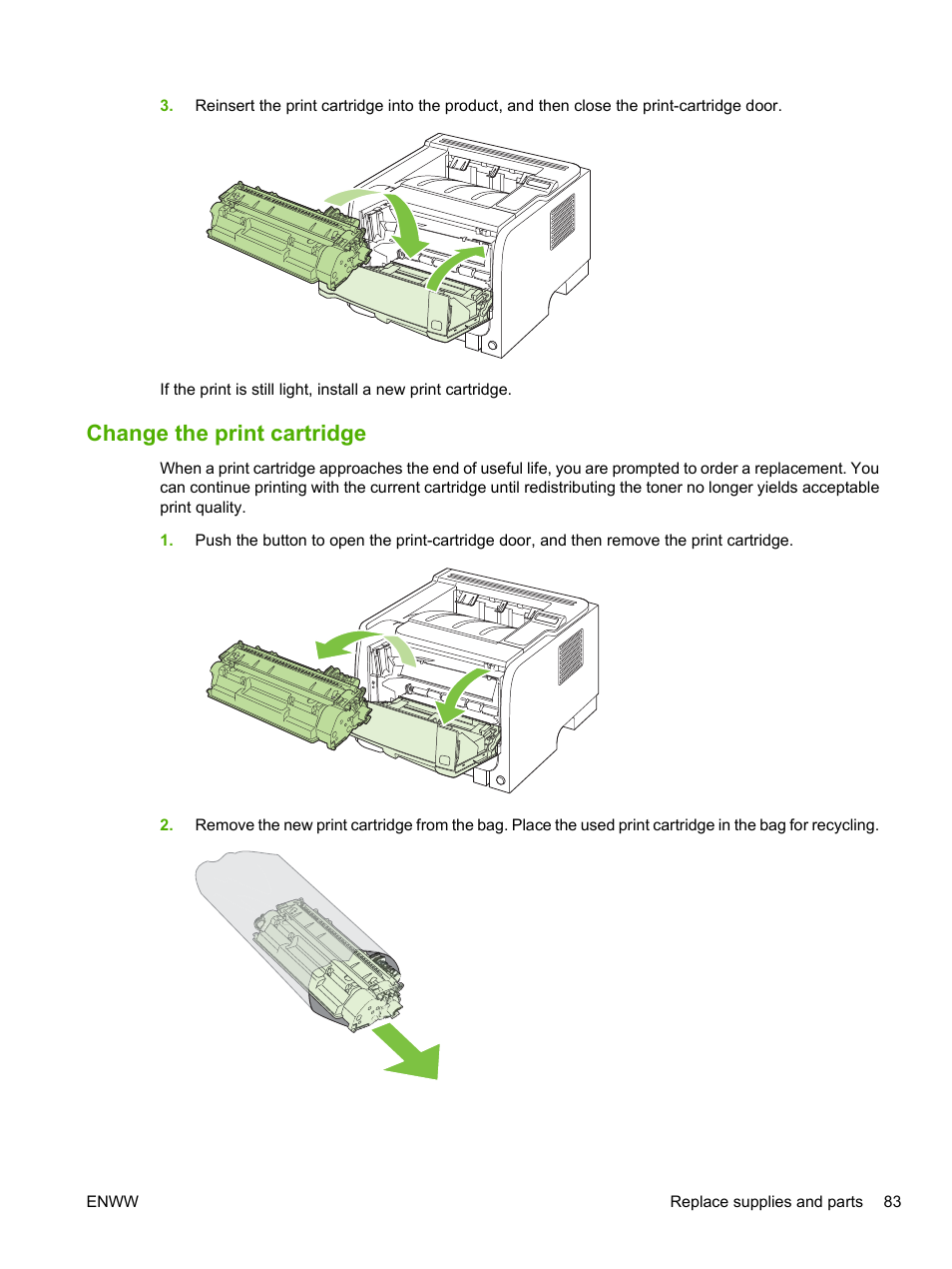 Change the print cartridge | HP LaserJet P2055dn User Manual | Page 95 / 176
