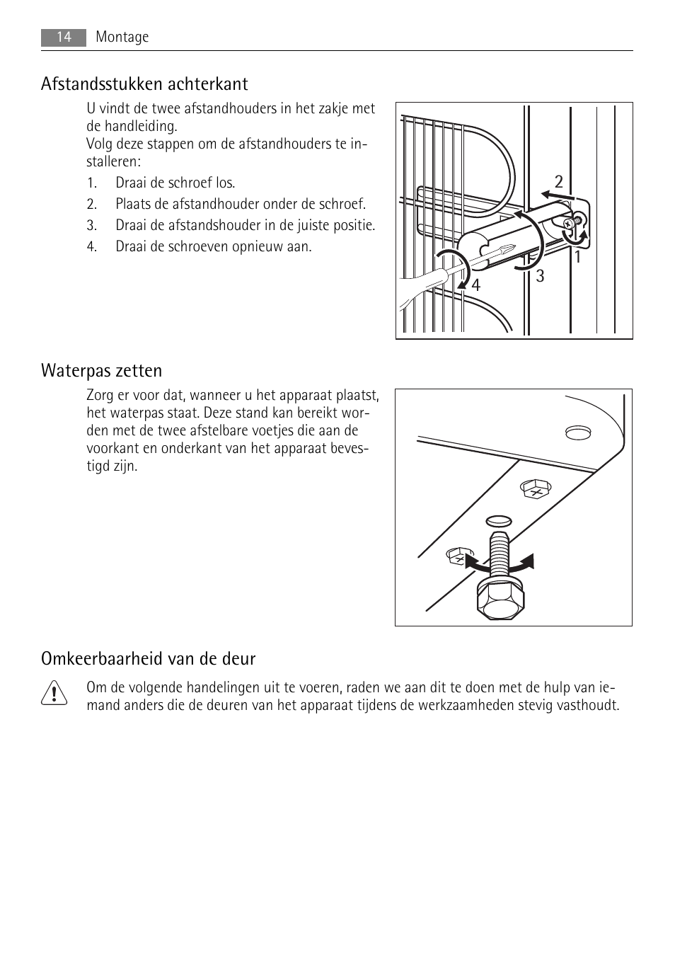 Afstandsstukken achterkant, Waterpas zetten, Omkeerbaarheid van de deur | AEG A42000GNW0 User Manual | Page 14 / 64