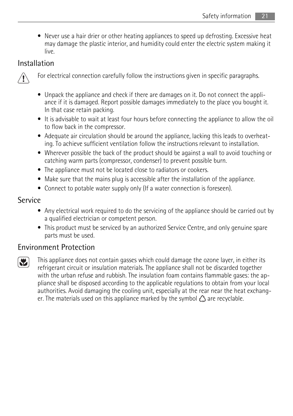 Installation, Service, Environment protection | AEG A42000GNW0 User Manual | Page 21 / 64