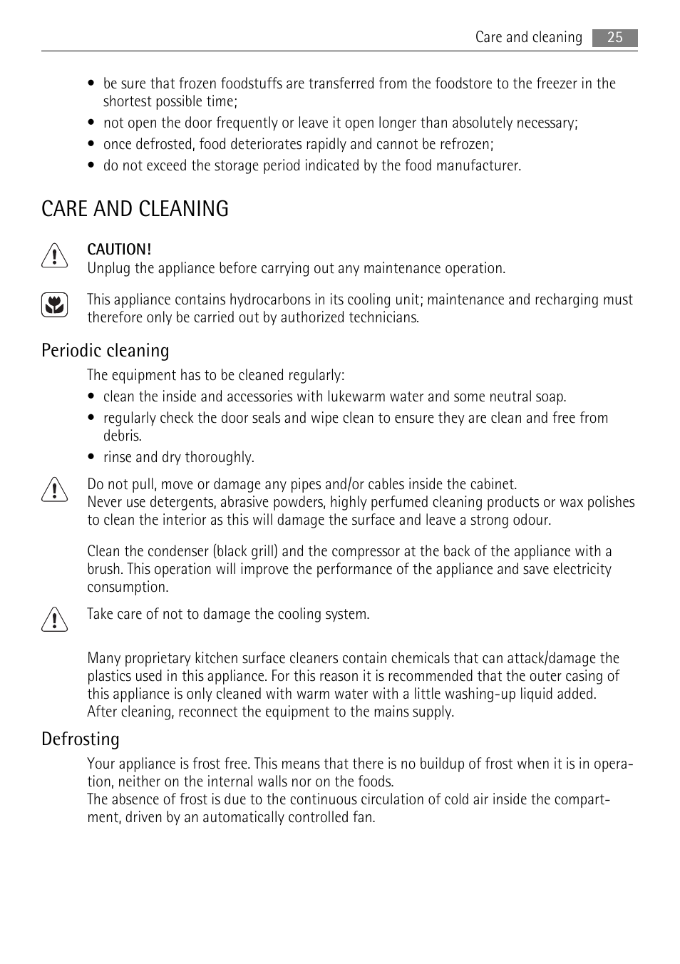 Care and cleaning, Periodic cleaning, Defrosting | AEG A42000GNW0 User Manual | Page 25 / 64