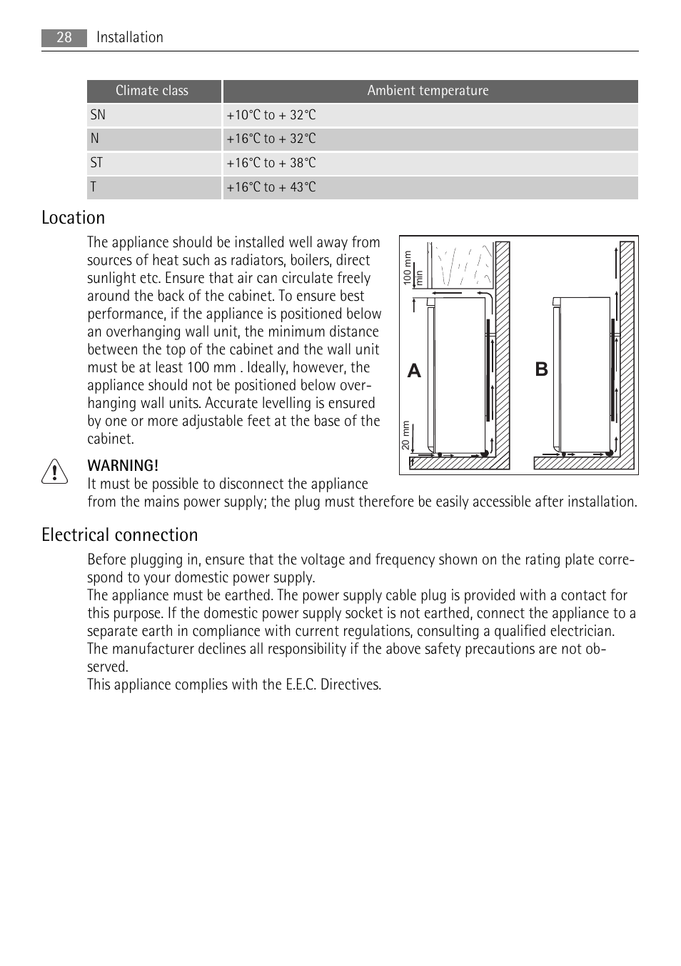 Location, Electrical connection | AEG A42000GNW0 User Manual | Page 28 / 64