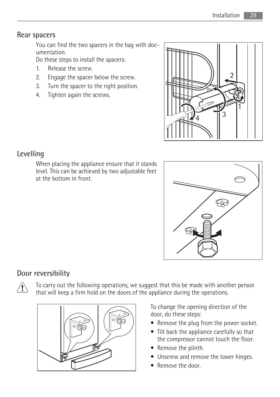 Rear spacers, Levelling, Door reversibility | AEG A42000GNW0 User Manual | Page 29 / 64
