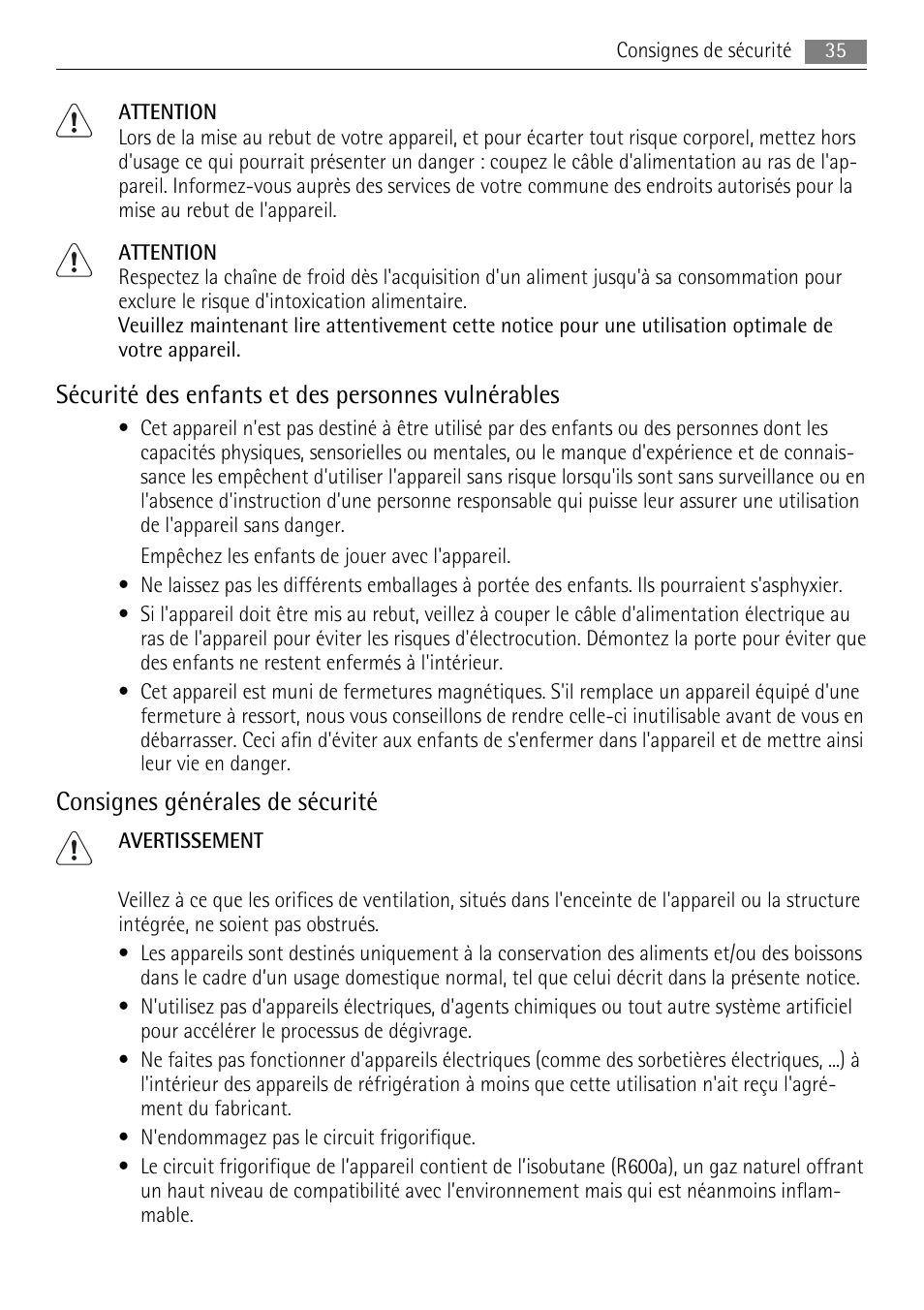 Sécurité des enfants et des personnes vulnérables, Consignes générales de sécurité | AEG A42000GNW0 User Manual | Page 35 / 64