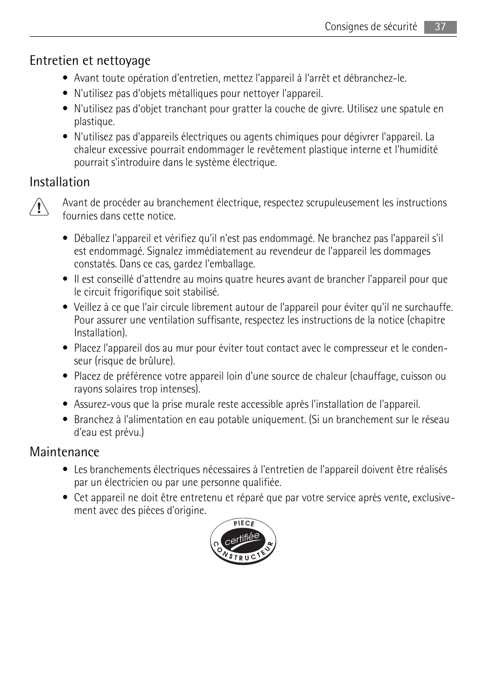 Entretien et nettoyage, Installation, Maintenance | AEG A42000GNW0 User Manual | Page 37 / 64