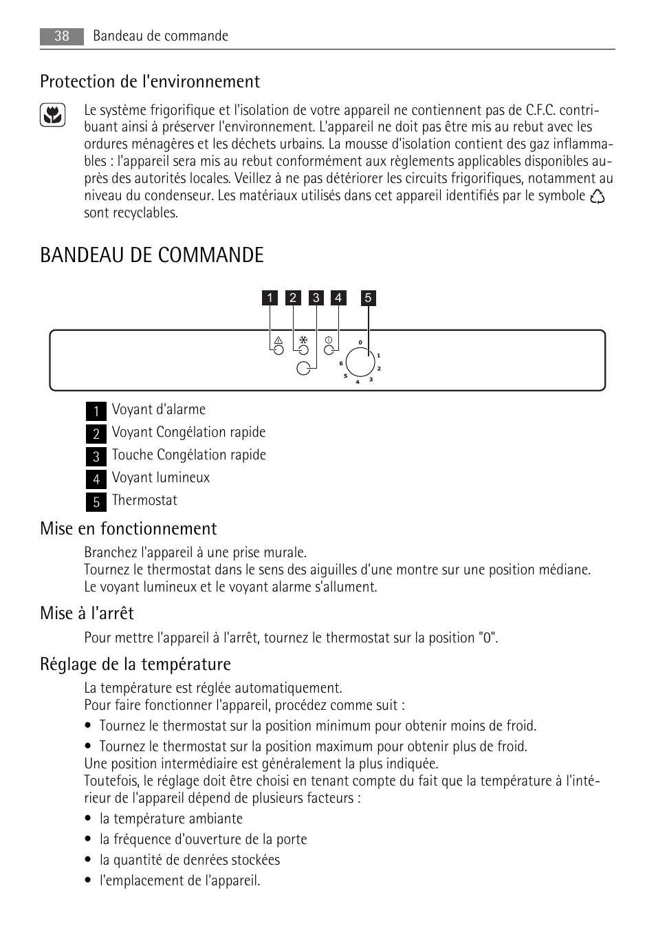Bandeau de commande, Protection de l'environnement, Mise en fonctionnement | Mise à l'arrêt, Réglage de la température | AEG A42000GNW0 User Manual | Page 38 / 64