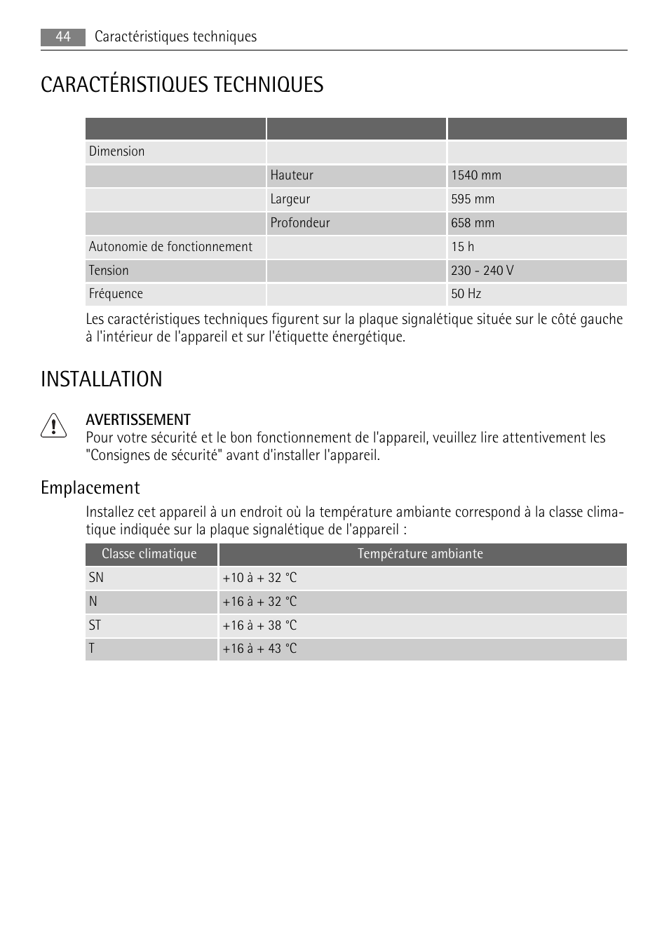 Caractéristiques techniques, Installation, Emplacement | AEG A42000GNW0 User Manual | Page 44 / 64
