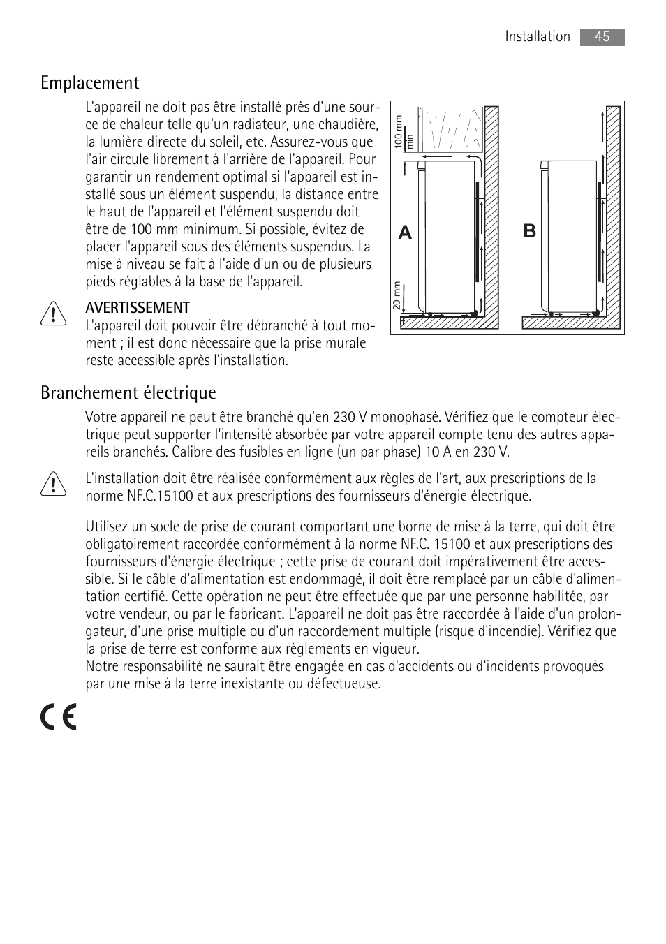 Emplacement, Branchement électrique | AEG A42000GNW0 User Manual | Page 45 / 64
