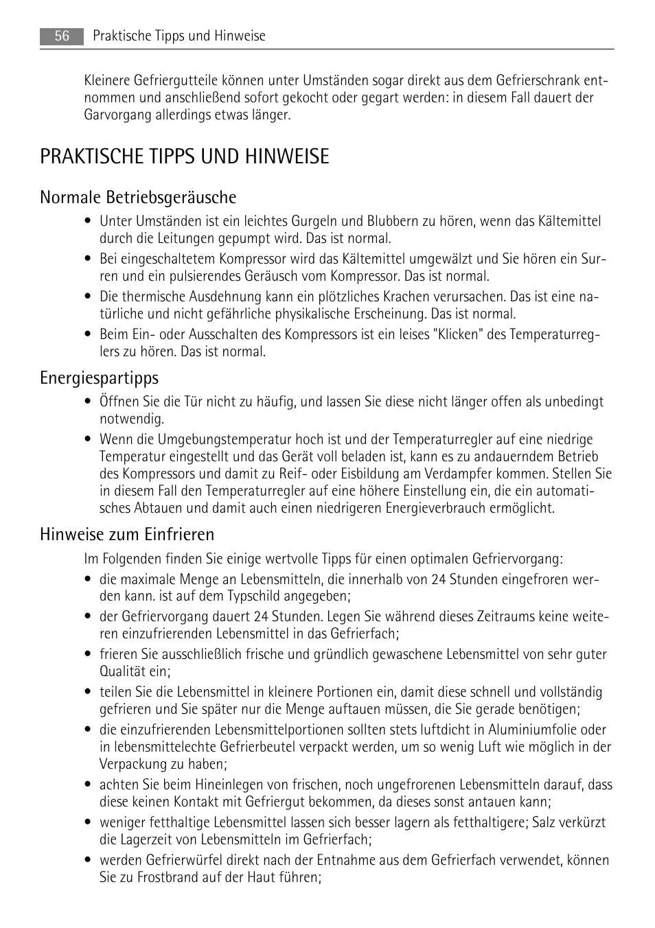 Praktische tipps und hinweise, Normale betriebsgeräusche, Energiespartipps | Hinweise zum einfrieren | AEG A42000GNW0 User Manual | Page 56 / 64