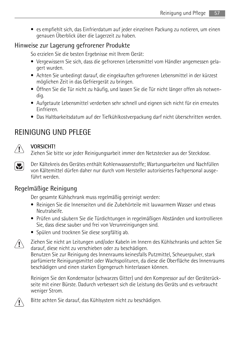 Reinigung und pflege, Hinweise zur lagerung gefrorener produkte, Regelmäßige reinigung | AEG A42000GNW0 User Manual | Page 57 / 64