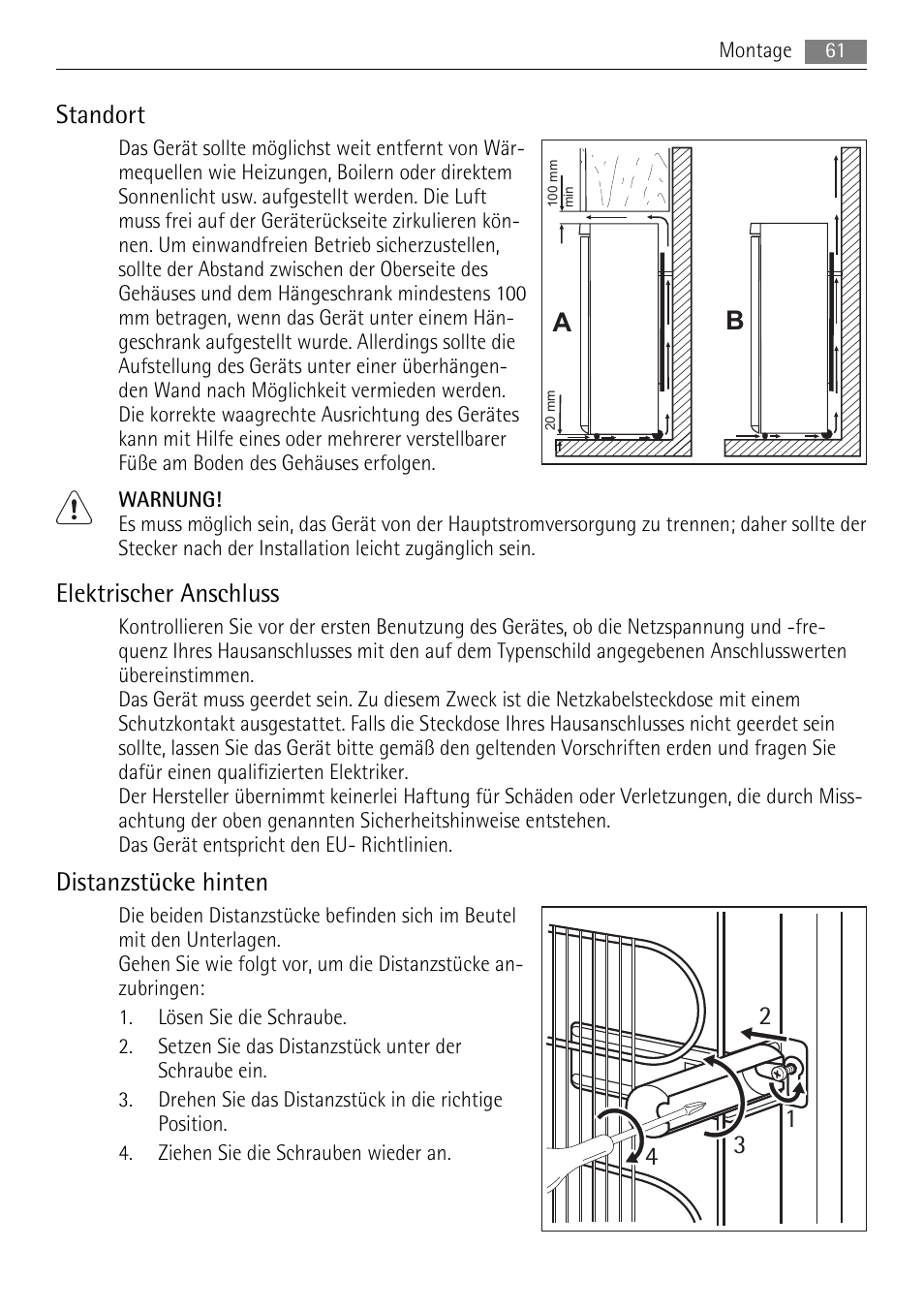 Standort, Elektrischer anschluss, Distanzstücke hinten | AEG A42000GNW0 User Manual | Page 61 / 64