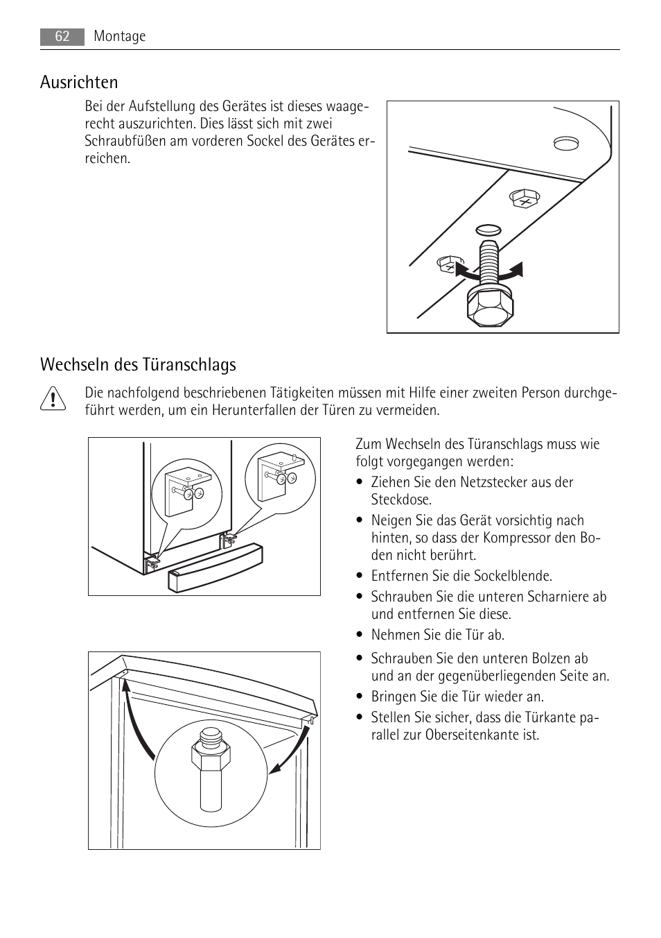 Ausrichten, Wechseln des türanschlags | AEG A42000GNW0 User Manual | Page 62 / 64