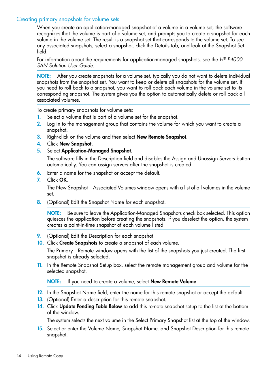 Creating primary snapshots for volume sets | HP LeftHand P4000 Virtual SAN Appliance Software User Manual | Page 14 / 57