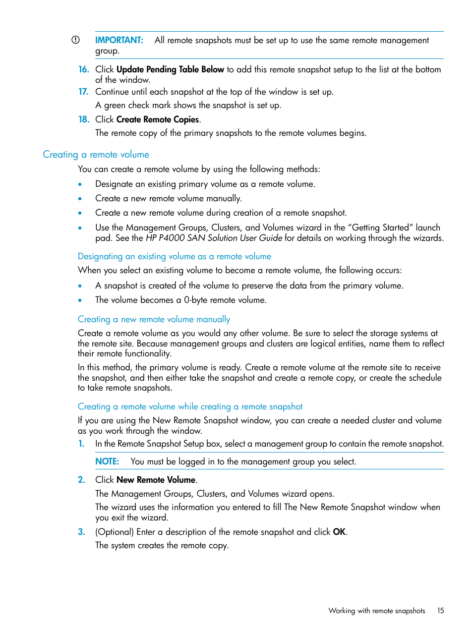 Creating a remote volume, Designating an existing volume as a remote volume, Creating a new remote volume manually | HP LeftHand P4000 Virtual SAN Appliance Software User Manual | Page 15 / 57