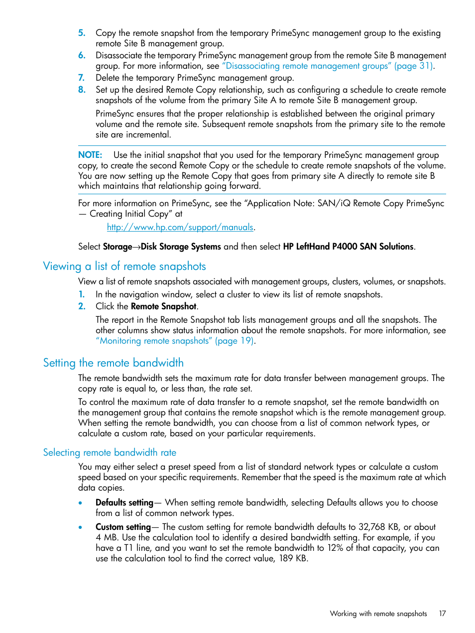 Viewing a list of remote snapshots, Setting the remote bandwidth, Selecting remote bandwidth rate | HP LeftHand P4000 Virtual SAN Appliance Software User Manual | Page 17 / 57