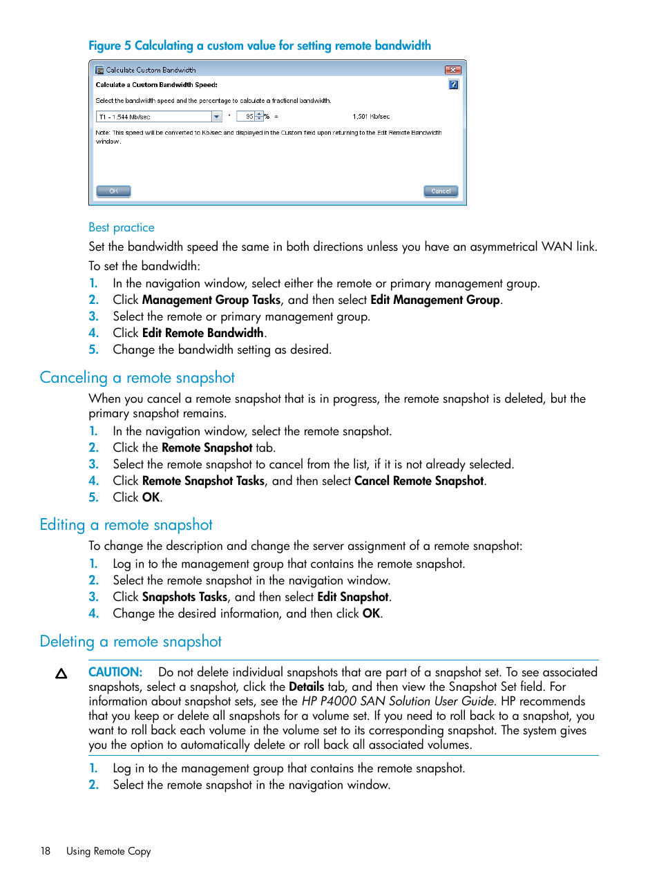 Canceling a remote snapshot, Editing a remote snapshot, Deleting a remote snapshot | HP LeftHand P4000 Virtual SAN Appliance Software User Manual | Page 18 / 57