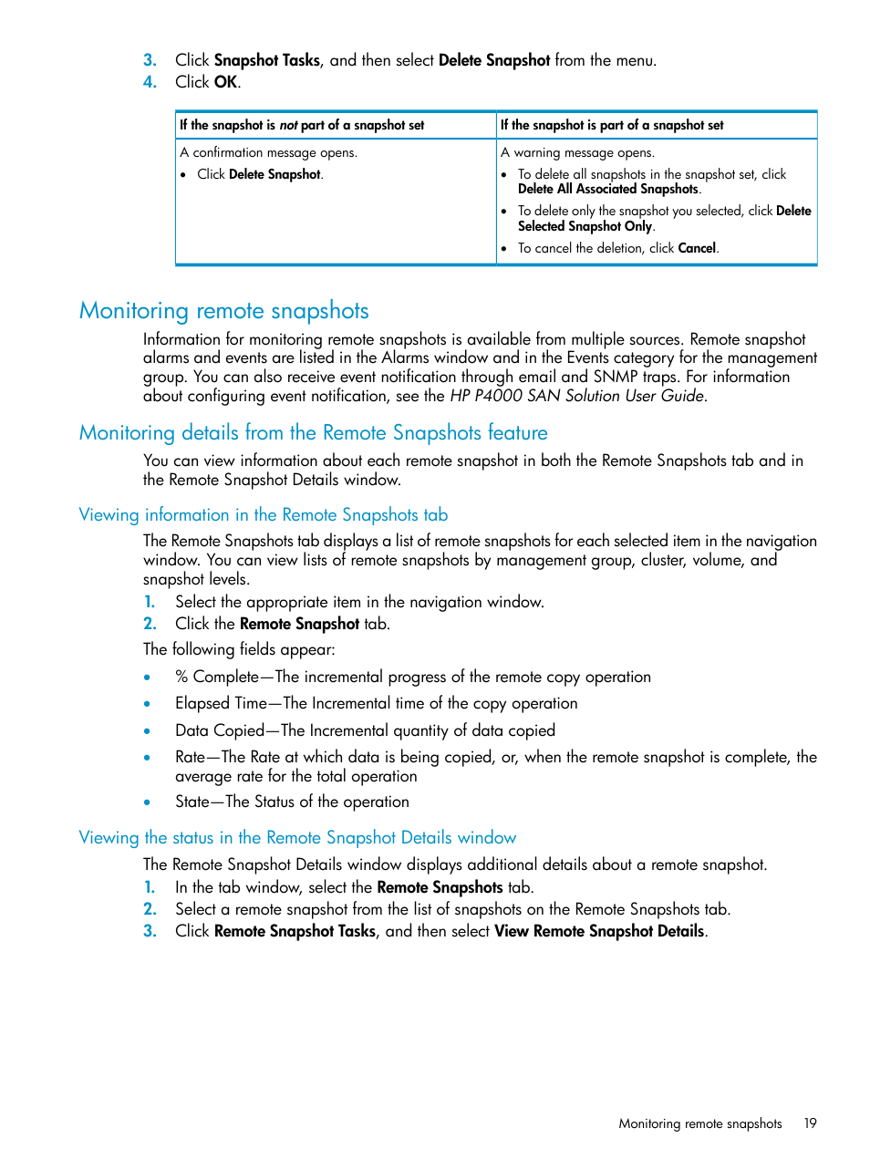 Monitoring remote snapshots, Viewing information in the remote snapshots tab | HP LeftHand P4000 Virtual SAN Appliance Software User Manual | Page 19 / 57