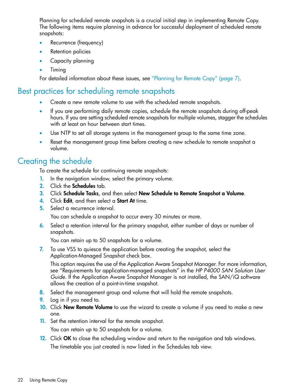 Best practices for scheduling remote snapshots, Creating the schedule | HP LeftHand P4000 Virtual SAN Appliance Software User Manual | Page 22 / 57