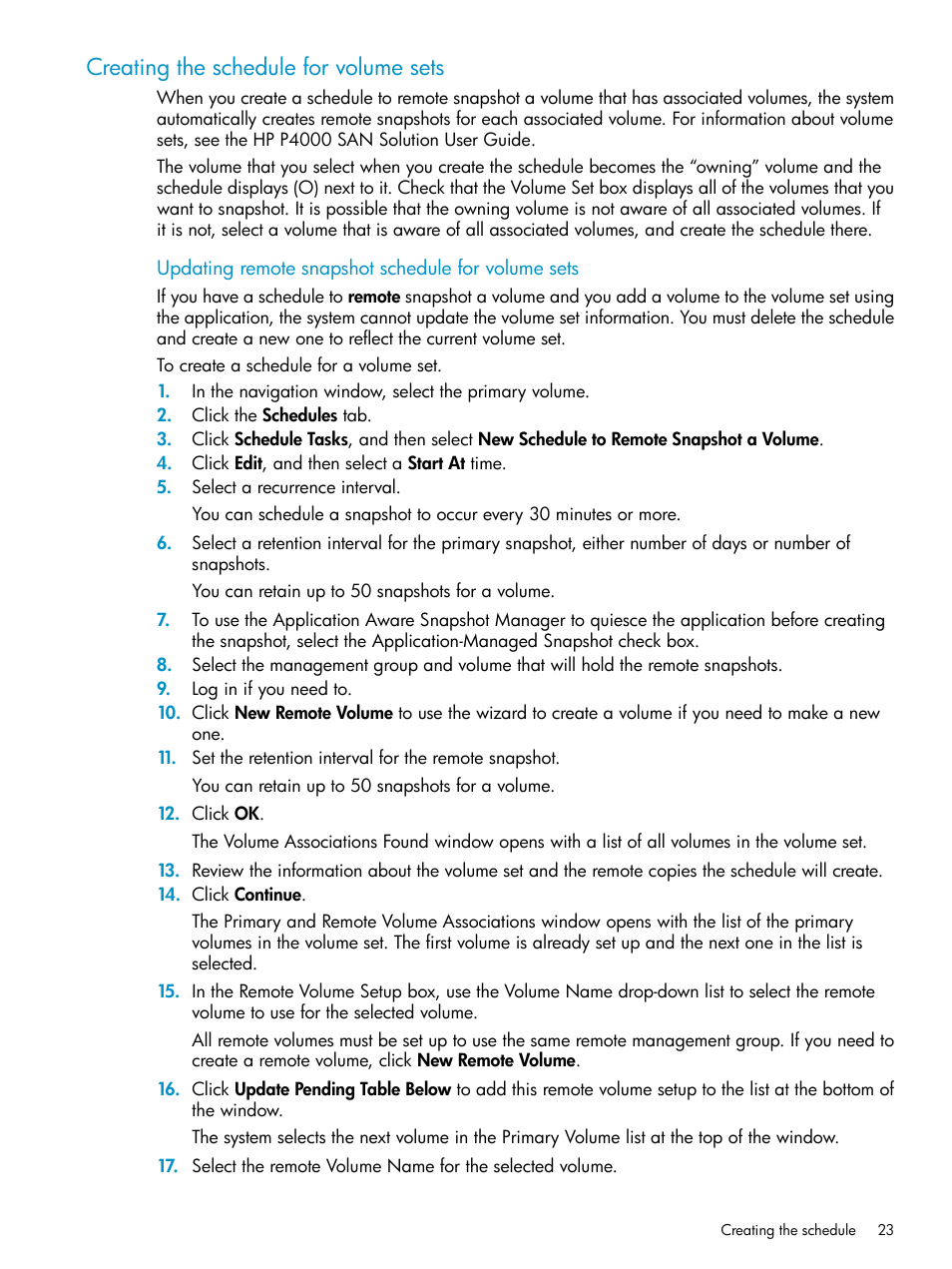 Creating the schedule for volume sets | HP LeftHand P4000 Virtual SAN Appliance Software User Manual | Page 23 / 57