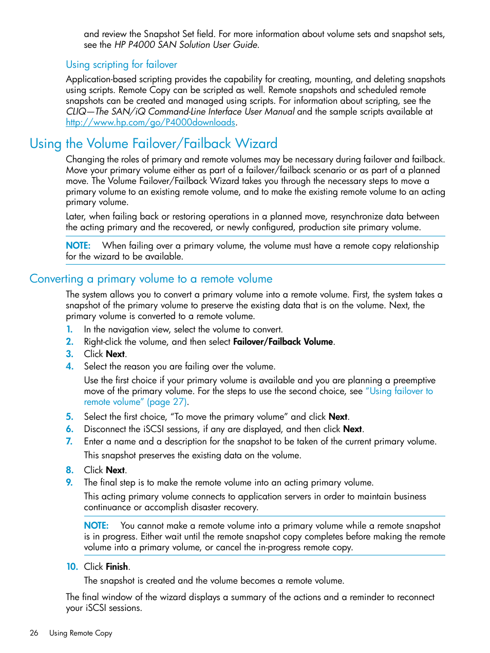 Using the volume failover/failback wizard, Converting a primary volume to a remote volume | HP LeftHand P4000 Virtual SAN Appliance Software User Manual | Page 26 / 57