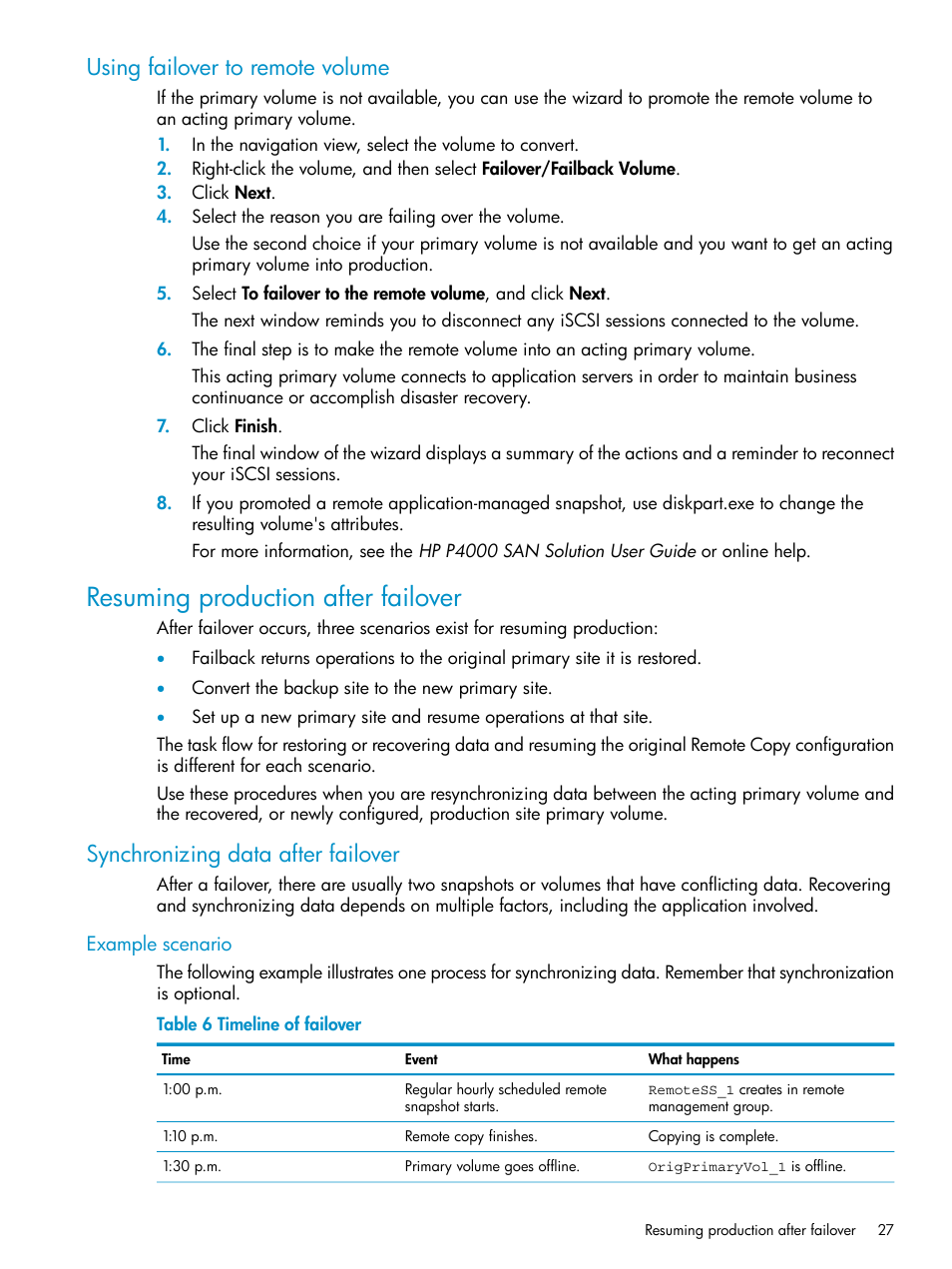 Using failover to remote volume, Resuming production after failover, Synchronizing data after failover | Example scenario | HP LeftHand P4000 Virtual SAN Appliance Software User Manual | Page 27 / 57