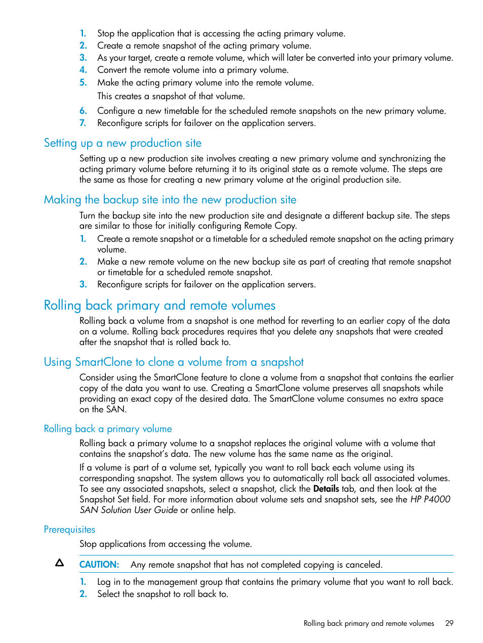 Setting up a new production site, Rolling back primary and remote volumes, Using smartclone to clone a volume from a snapshot | Rolling back a primary volume, Prerequisites | HP LeftHand P4000 Virtual SAN Appliance Software User Manual | Page 29 / 57