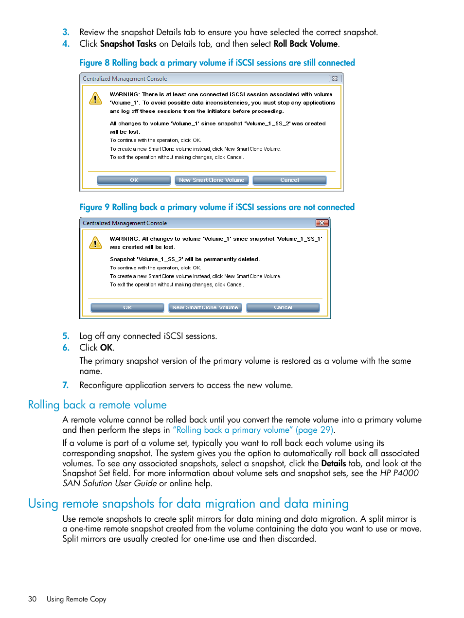 Rolling back a remote volume | HP LeftHand P4000 Virtual SAN Appliance Software User Manual | Page 30 / 57