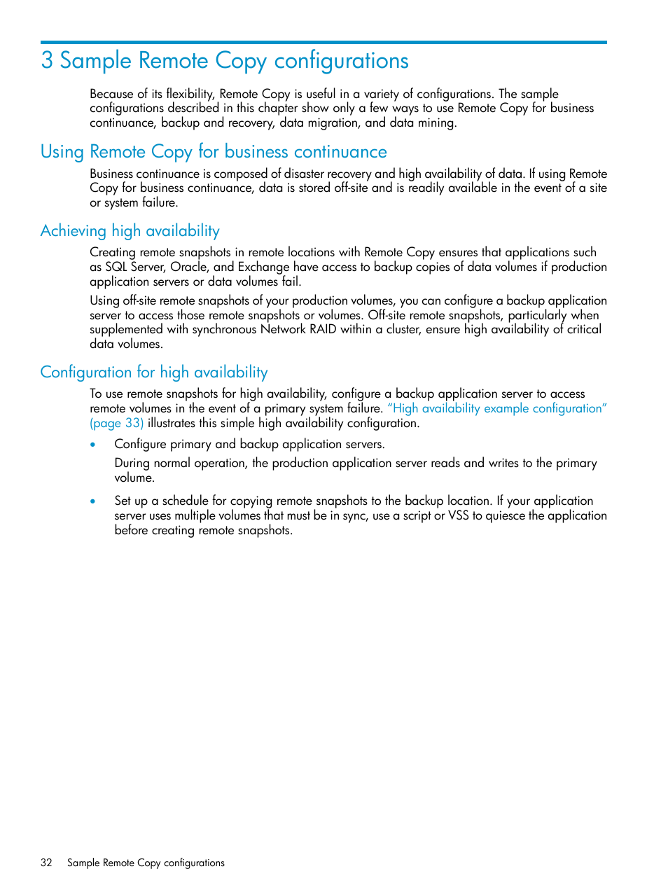 3 sample remote copy configurations, Using remote copy for business continuance, Achieving high availability | Configuration for high availability | HP LeftHand P4000 Virtual SAN Appliance Software User Manual | Page 32 / 57