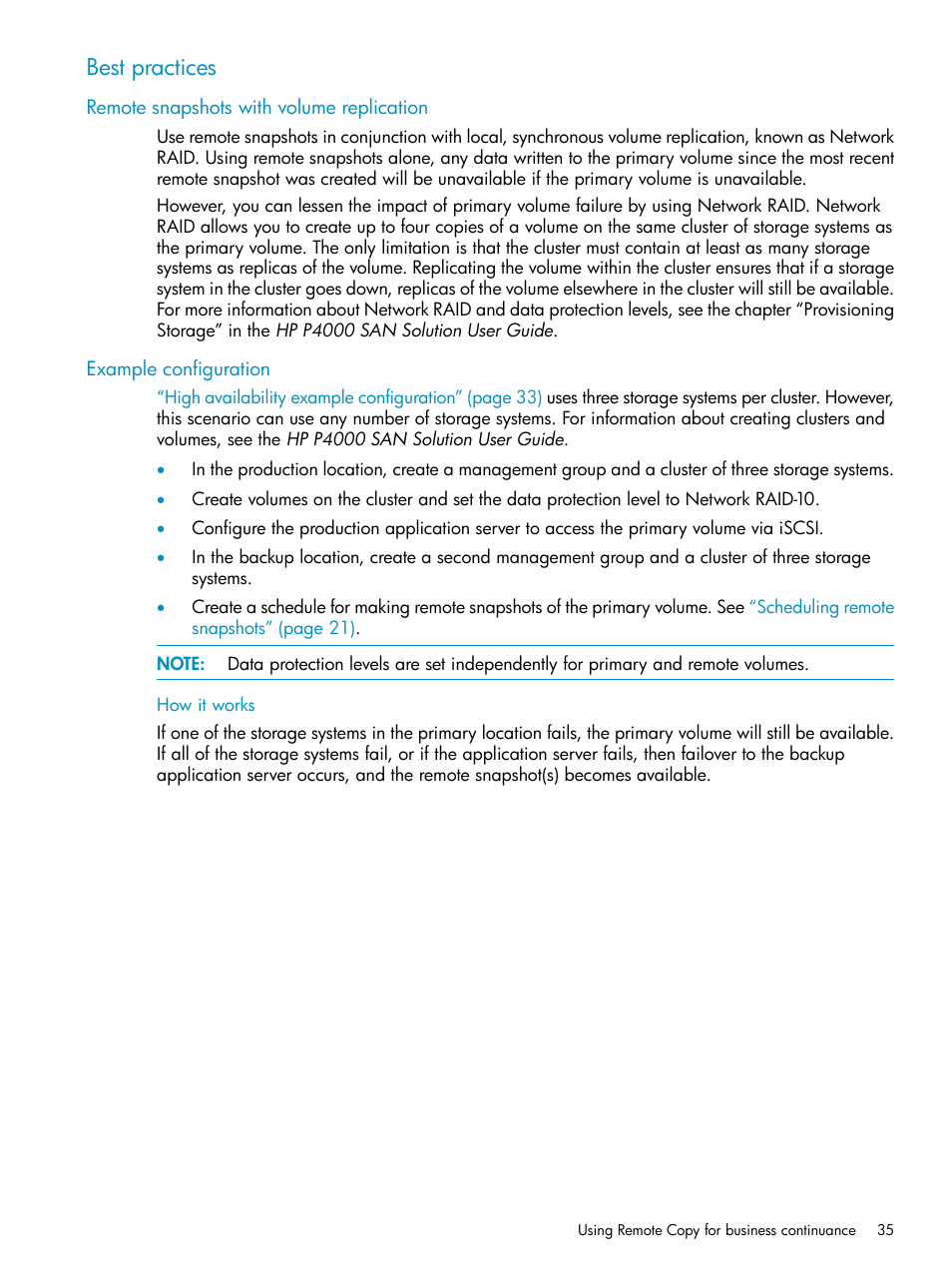 Best practices, Remote snapshots with volume replication, Example configuration | How it works | HP LeftHand P4000 Virtual SAN Appliance Software User Manual | Page 35 / 57