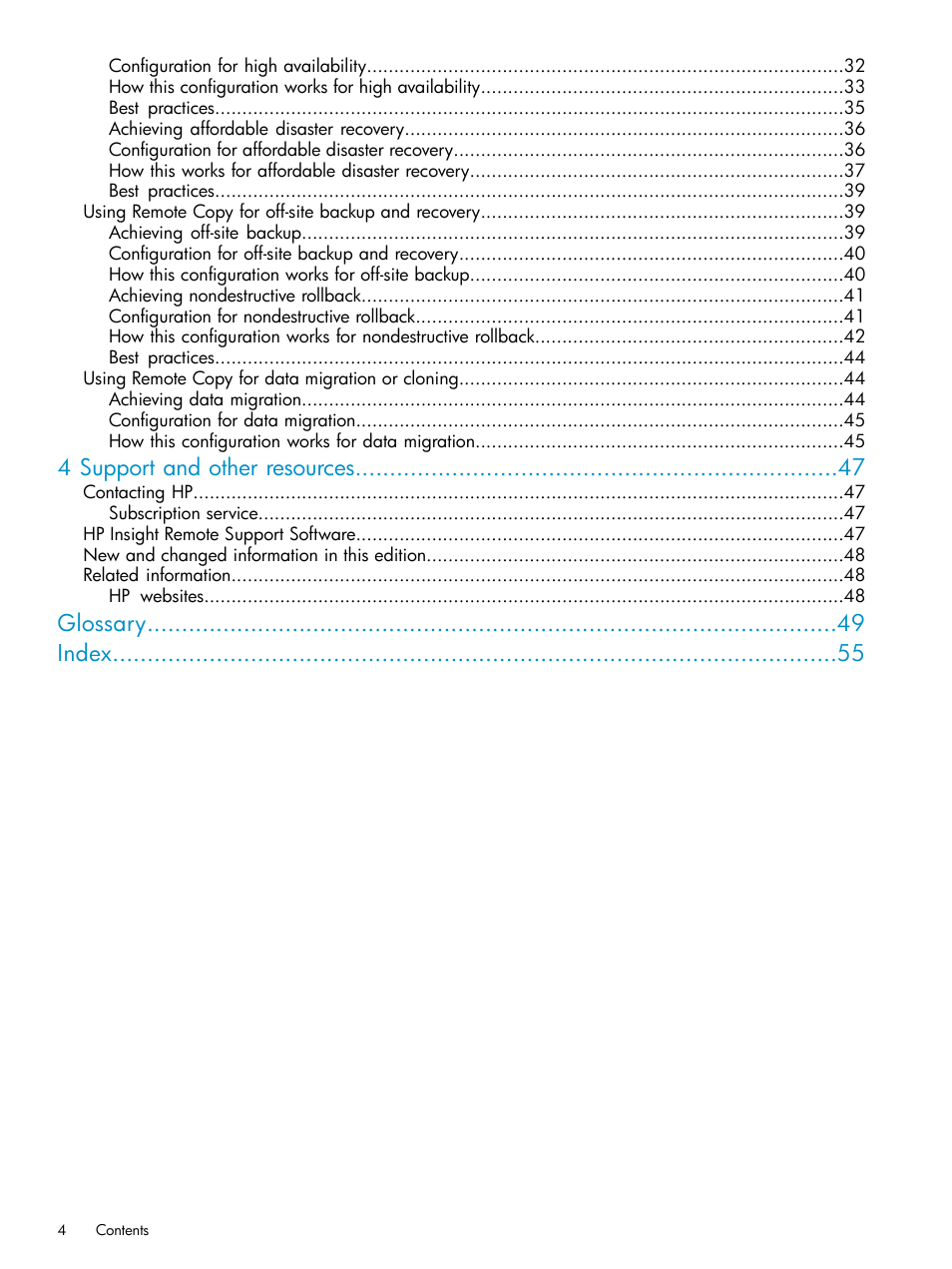4 support and other resources, Glossary index | HP LeftHand P4000 Virtual SAN Appliance Software User Manual | Page 4 / 57