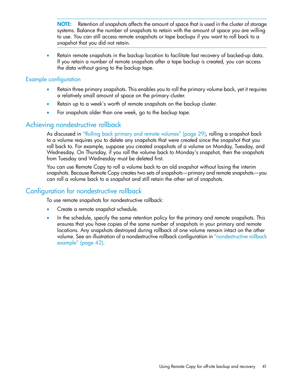 Example configuration, Achieving nondestructive rollback, Configuration for nondestructive rollback | HP LeftHand P4000 Virtual SAN Appliance Software User Manual | Page 41 / 57