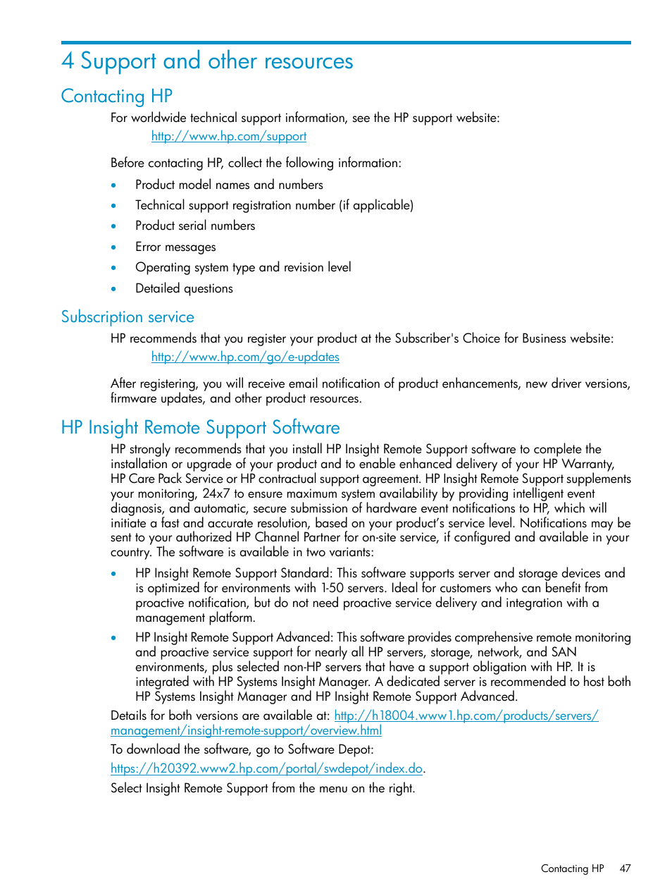 4 support and other resources, Contacting hp, Subscription service | Hp insight remote support software | HP LeftHand P4000 Virtual SAN Appliance Software User Manual | Page 47 / 57