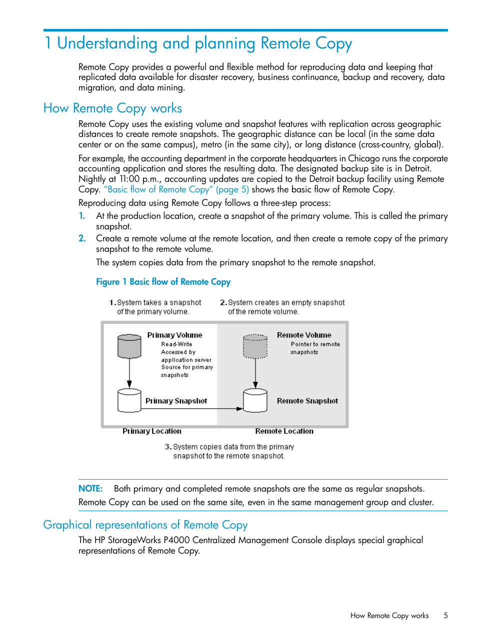 1 understanding and planning remote copy, How remote copy works, Graphical representations of remote copy | HP LeftHand P4000 Virtual SAN Appliance Software User Manual | Page 5 / 57
