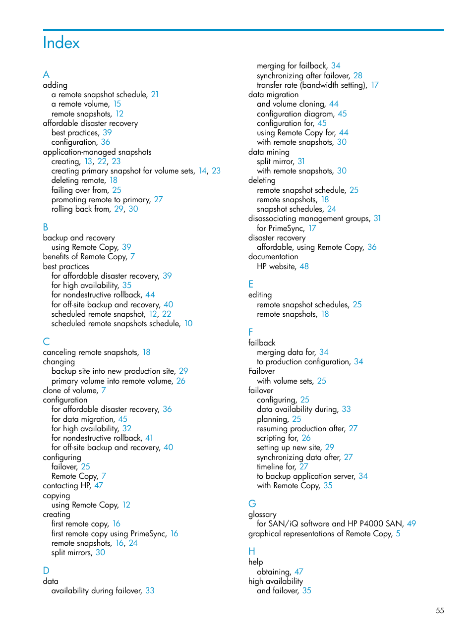 Index | HP LeftHand P4000 Virtual SAN Appliance Software User Manual | Page 55 / 57