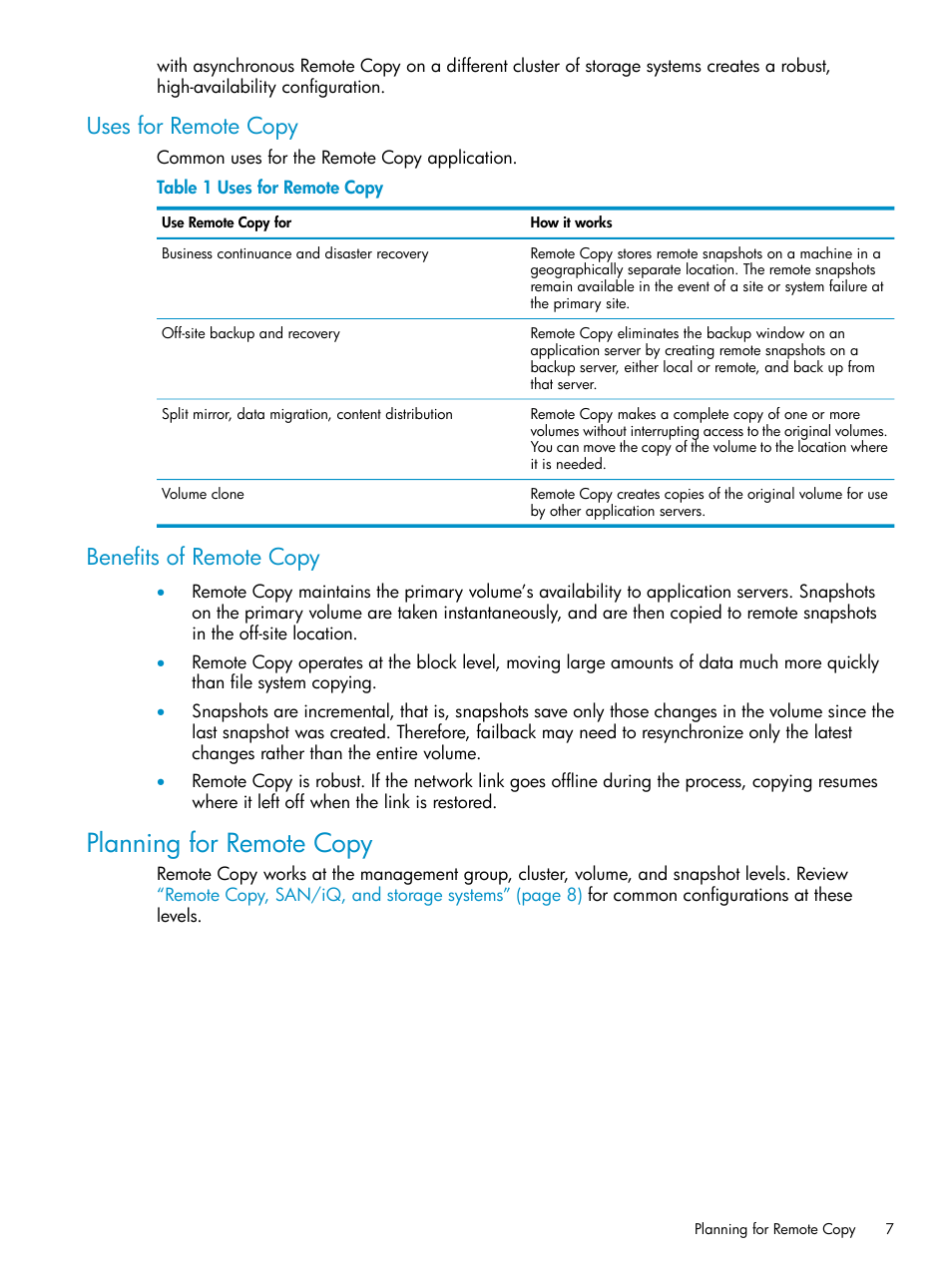 Uses for remote copy, Benefits of remote copy, Planning for remote copy | Uses for remote copy benefits of remote copy | HP LeftHand P4000 Virtual SAN Appliance Software User Manual | Page 7 / 57