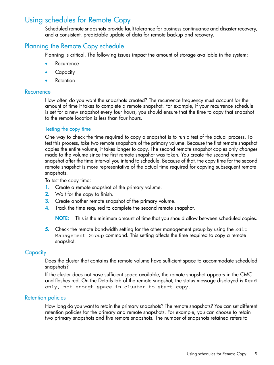 Using schedules for remote copy, Planning the remote copy schedule, Recurrence | Testing the copy time, Capacity, Retention policies | HP LeftHand P4000 Virtual SAN Appliance Software User Manual | Page 9 / 57