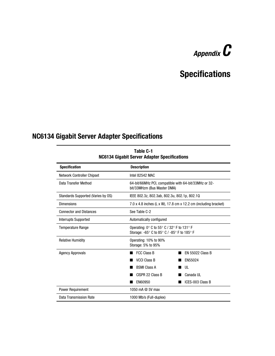 Appendix c: specifications, Nc6134 gigabit server adapter specifications, Appendix c | Specifications, Appendix | HP NC6134 Gigabit Server Adapter User Manual | Page 15 / 16