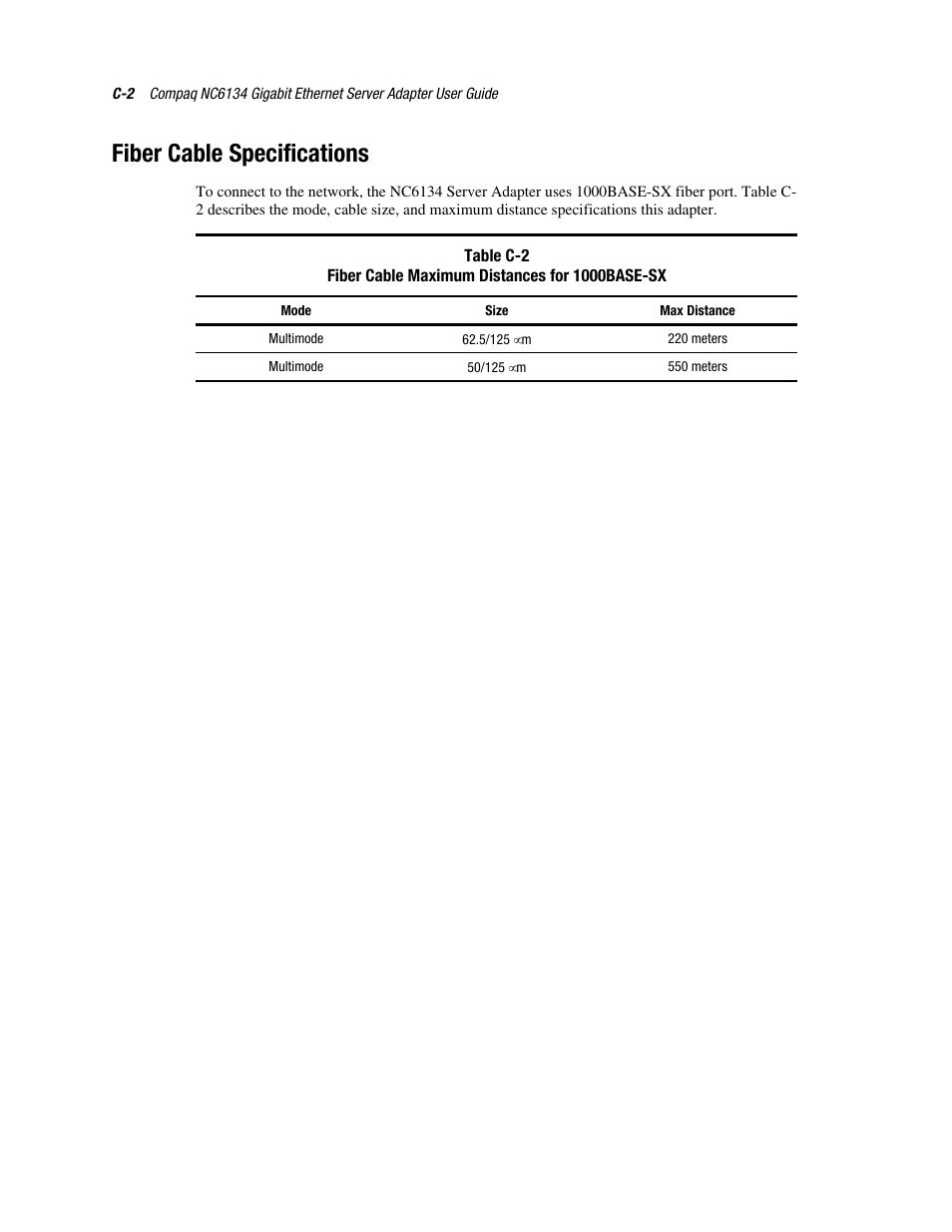 Fiber cable specifications | HP NC6134 Gigabit Server Adapter User Manual | Page 16 / 16