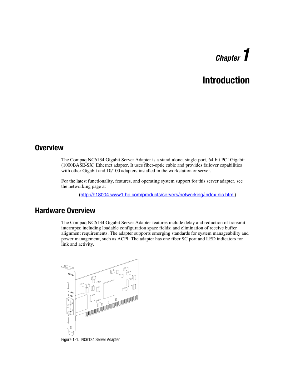 Chapter 1: introduction, Overview, Hardware overview | Chapter 1, Introduction, Overview -1, Hardware overview -1, Chapter | HP NC6134 Gigabit Server Adapter User Manual | Page 8 / 16