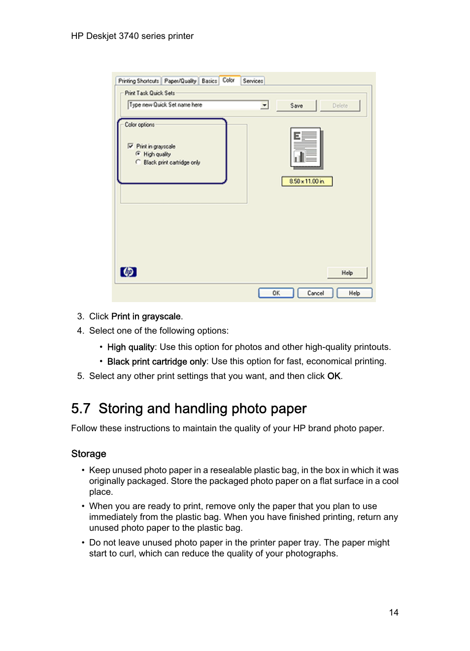 7 storing and handling photo paper, Storage, Photo paper storage guidelines | HP Deskjet 3745 Color Inkjet Printer User Manual | Page 14 / 73