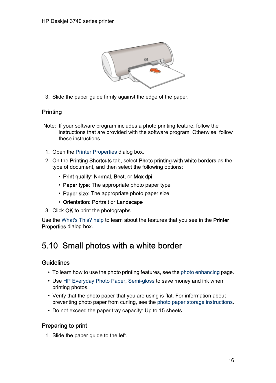 Printing, 10 small photos with a white border, Guidelines | Preparing to print, Small photo, With a white border | HP Deskjet 3745 Color Inkjet Printer User Manual | Page 16 / 73