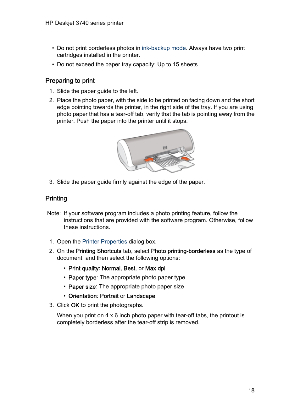 Preparing to print, Printing | HP Deskjet 3745 Color Inkjet Printer User Manual | Page 18 / 73