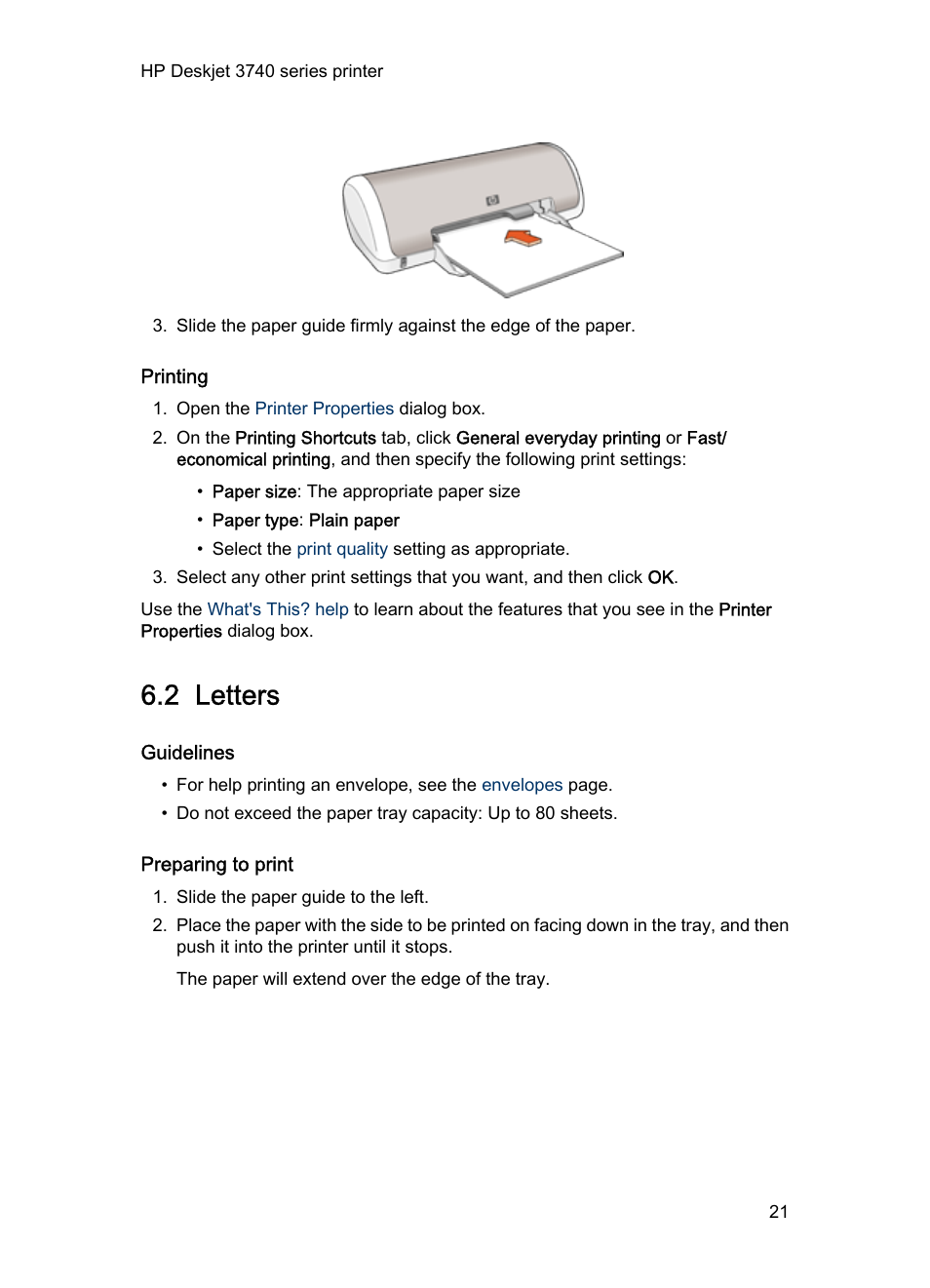 Printing, 2 letters, Guidelines | Preparing to print, Letters | HP Deskjet 3745 Color Inkjet Printer User Manual | Page 21 / 73