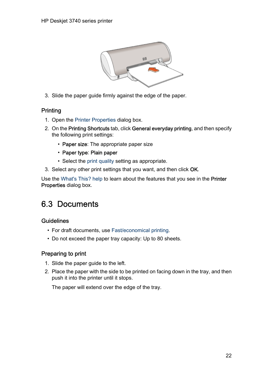 Printing, 3 documents, Guidelines | Preparing to print, Documents | HP Deskjet 3745 Color Inkjet Printer User Manual | Page 22 / 73