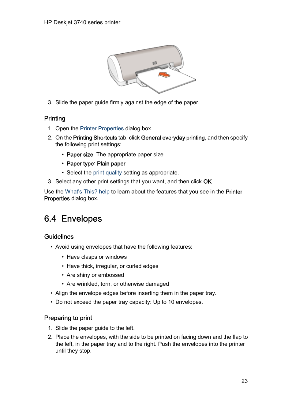 Printing, 4 envelopes, Guidelines | Preparing to print, Envelopes, For help printing an envelope, see the | HP Deskjet 3745 Color Inkjet Printer User Manual | Page 23 / 73