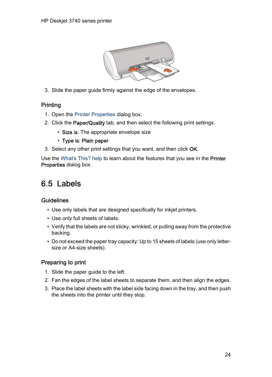 Printing, 5 labels, Guidelines | Preparing to print, Labels | HP Deskjet 3745 Color Inkjet Printer User Manual | Page 24 / 73